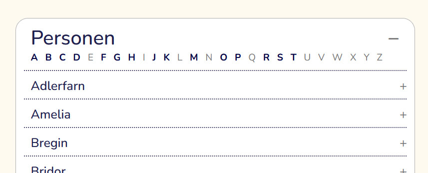 Alphabetzeile im Glossarbereich Personen