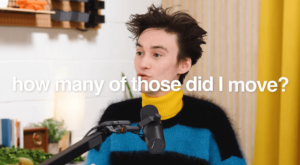 Screenshot Videointerview mit dem eingeblendeten Text „How many of those did I move?“