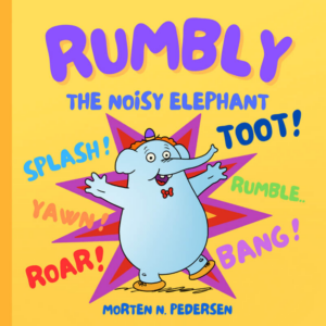 Knallgelbes Cover mit Rumbly the noisy elephant un vielen Tierlauten in Comicdesign dabei