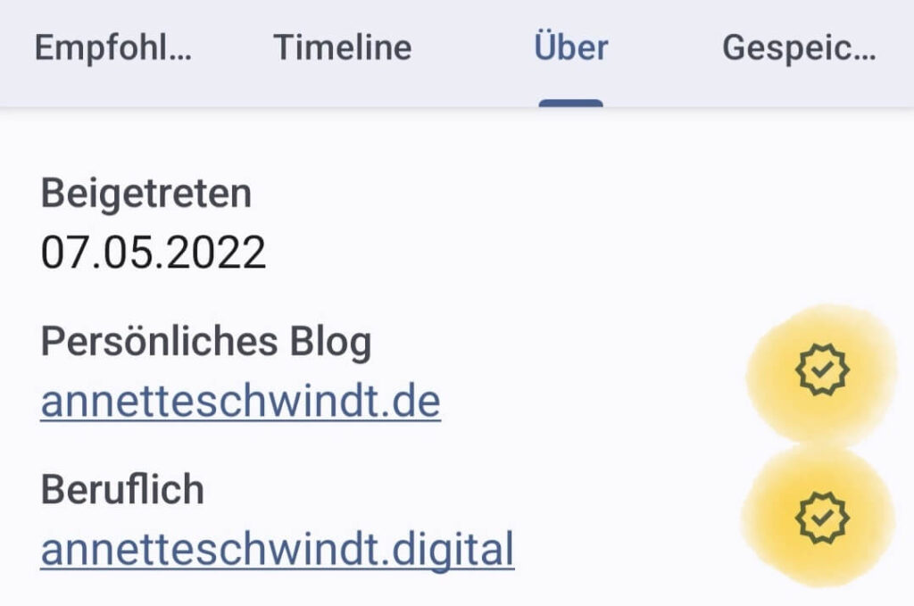 Screenshot des Über-Tabs eines Mastodonprofils mit verifizierten Websiteeinträgen