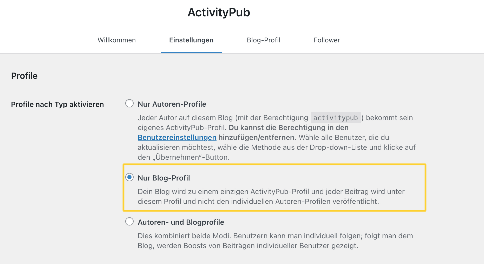 Screenshot Plugineinstellungen zu Art der Verbindung pro Autor, gsnzer Blog oder beides zusammen