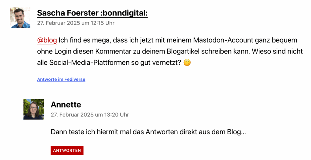 Screenshot Blogkommentar aus Mastodon mit Antwort vom Blog aus