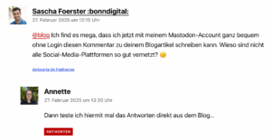 Screenshot Blogkommentar aus Mastodon mit Antwort vom Blog aus