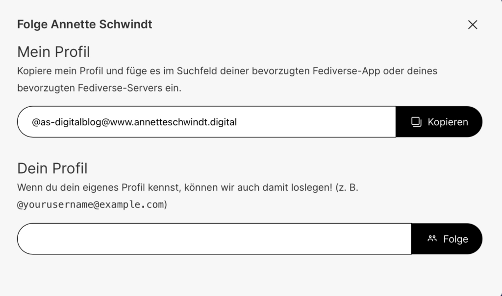 Screenshot des aufgeklappten Widgets, in dem der Link zum Kopieren bereitgestellt ist, den man im Fediverse suchen muss, um zu folgen.