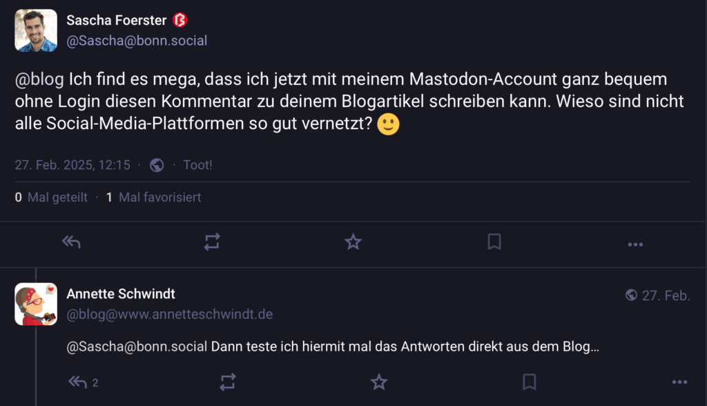 Screenshot Mastodon Antwort auf föderierten Blogpost plus aus dem Blig gespiegelte Antwort