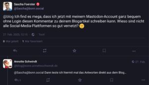 Screenshot Mastodon Antwort auf föderierten Blogpost plus aus dem Blig gespiegelte Antwort