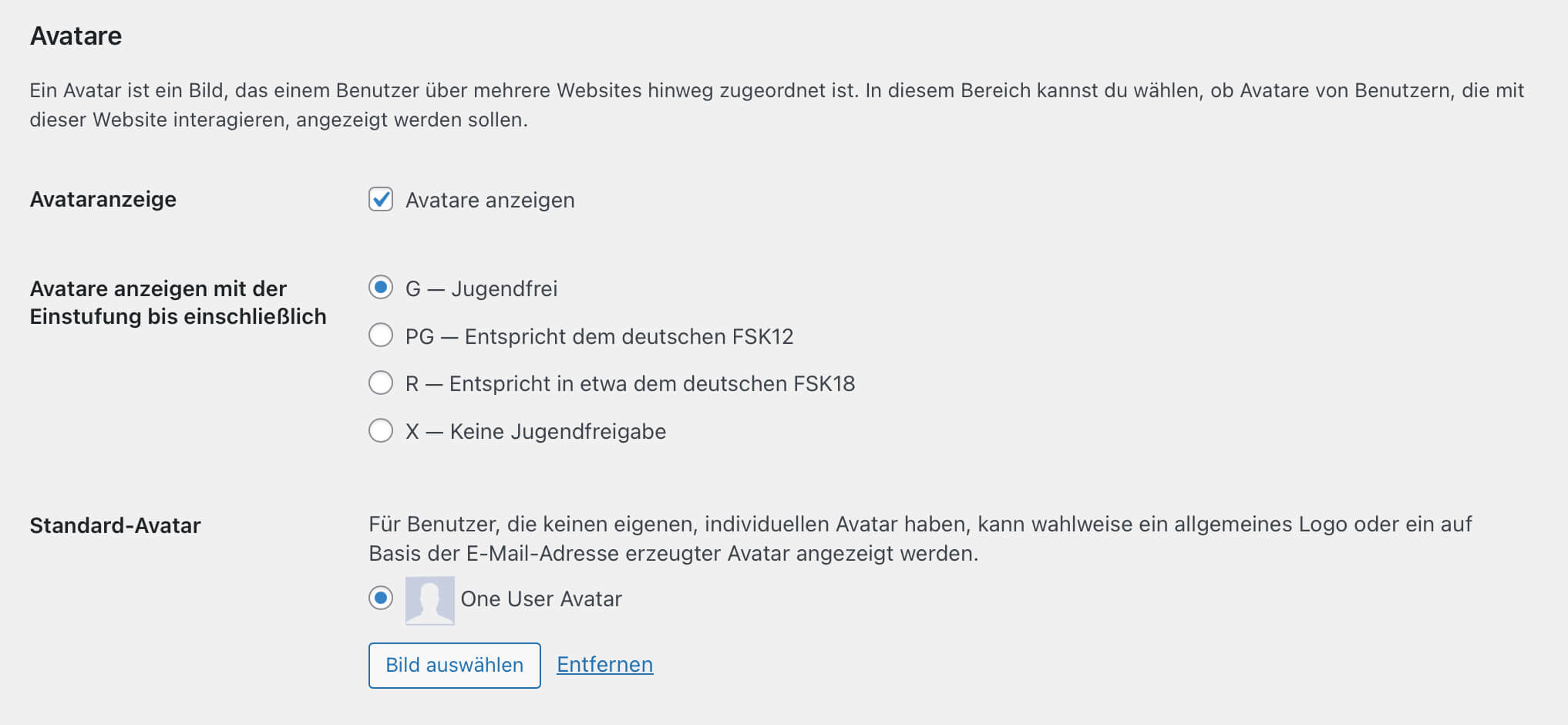 Screenshot der Avatr-Einstellungen im WordPress-Backend mit aktivierten Avataren und One User Avatar Zusatz