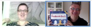 Peter und Annette beim Videochat und Peter hält das Facebookbuch hoch