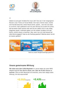 Teil eines Newsletters von Little World, in dem CEO Oliver die Leser direkt anspricht und verschiedene Themen mit passenden farbenfrohen Bildern und Grafiken präsentiert