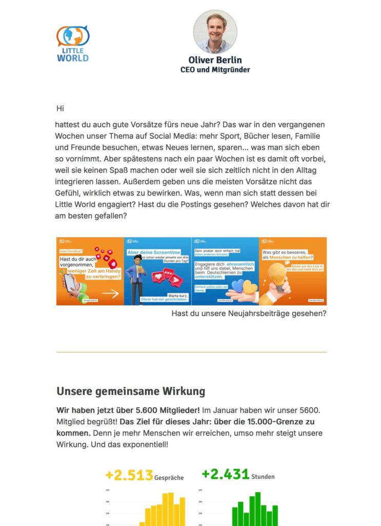 Teil eines Newsletters von Little World, in dem CEO Oliver die Leser direkt anspricht und verschiedene Themen mit passenden farbenfrohen Bildern und Grafiken präsentiert