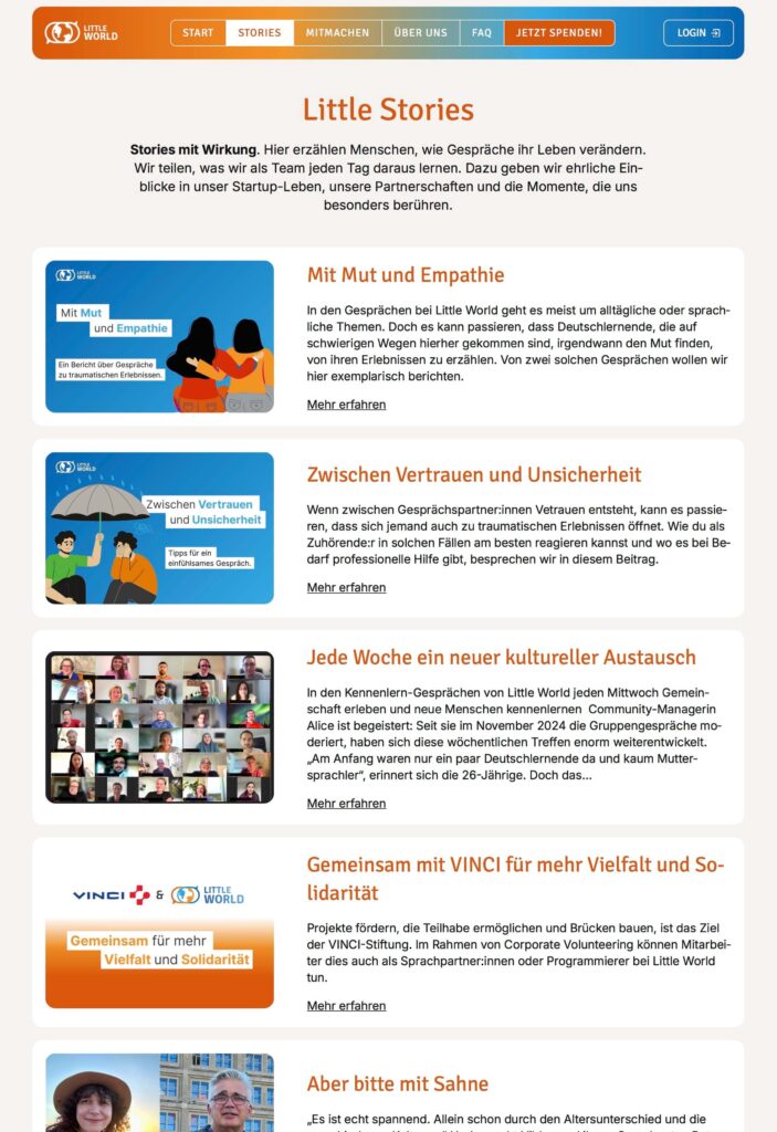 Stories-Seite von Little World mit Blogpostliste, farbenfrohen Bildern und Teasern.