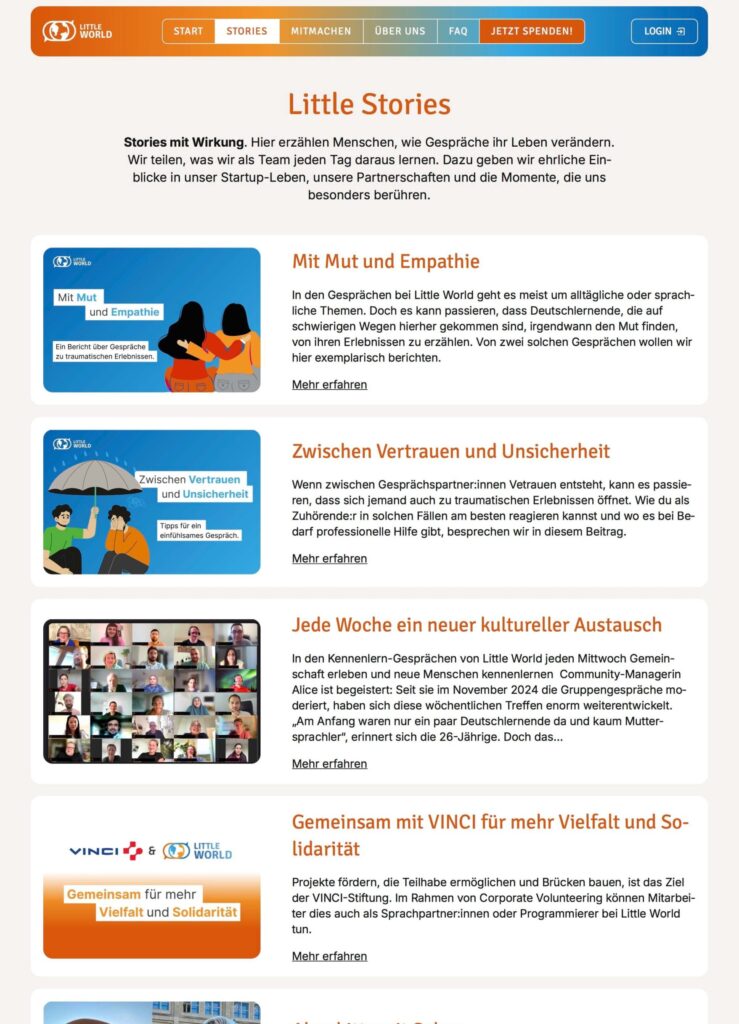 Stories-Seite von Little World mit Blogpostliste, farbenfrohen Bildern und Teasern.