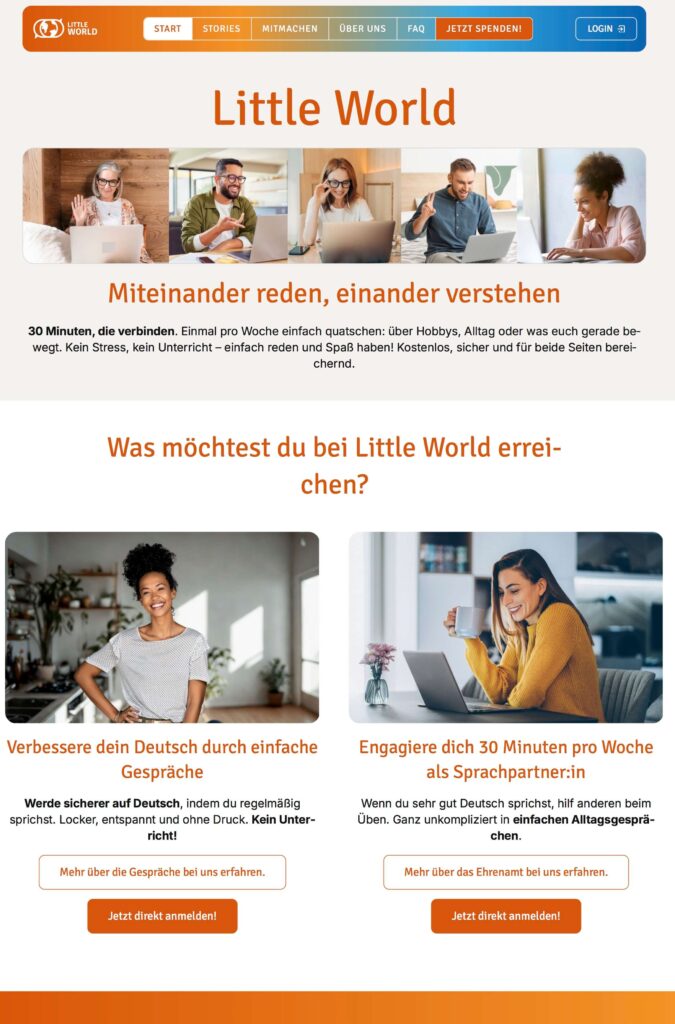 Startseite von Little World mit bunten Bildern verschiedener Menschen und Akzenten in warmen Orangetönen