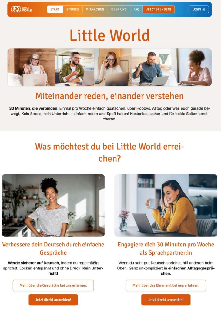 Startseite von Little World mit bunten Bildern verschiedener Menschen und Akzenten in warmen Orangetönen