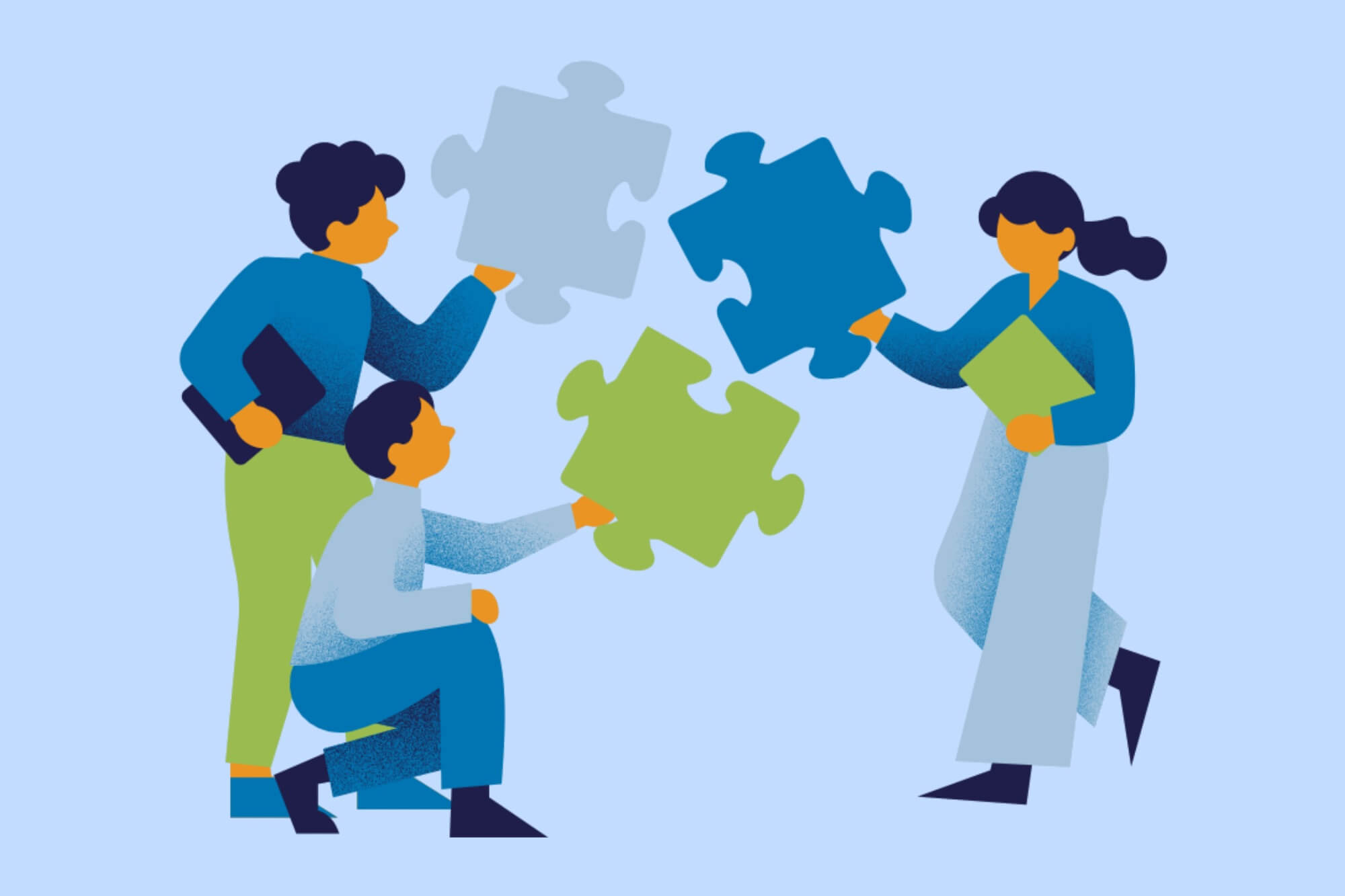 Grafik, die mehrere Menschen zeigt, die jeder ein Puzzleteil mitbringen und mit den anderen zusammenfügen wollen